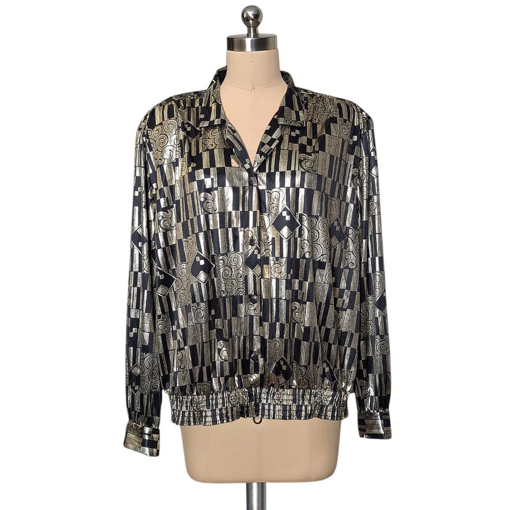 80's 90's Vintage LORI Of California By AM Casuals Metallic Print Blouse Top 16